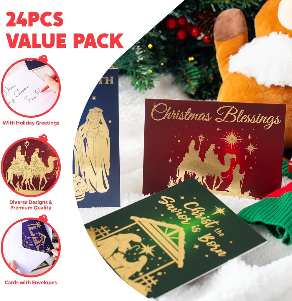 JOYFY 24 Tarjetas de Felicitación Religiosas de Navidad con Sobres 4 Diseños Set en Caja para Invierno Navidad Temporada Navideña Tarjetas Regalos