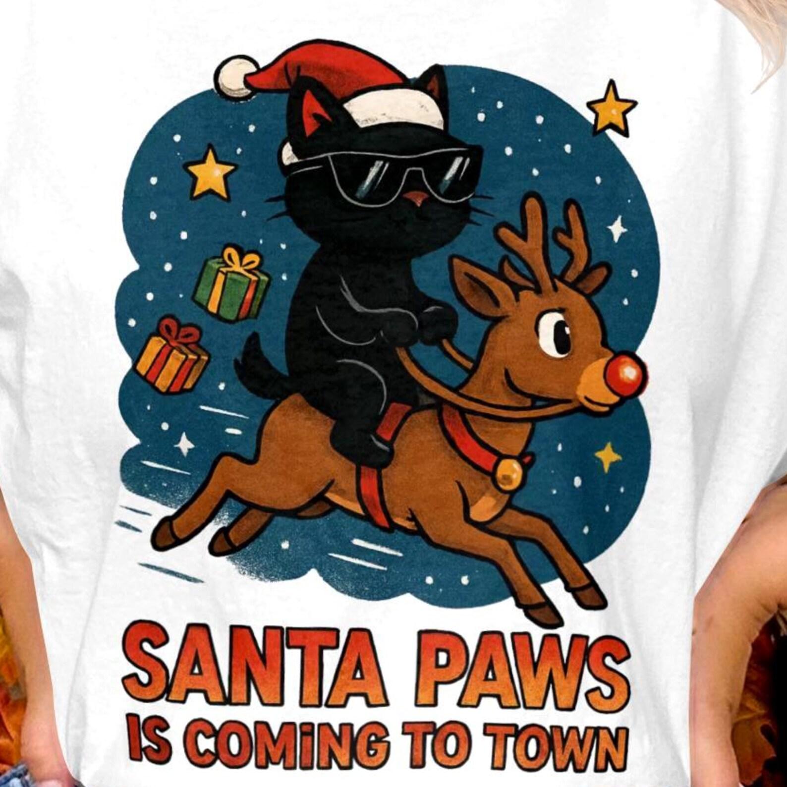 Santa Paws Is Coming to Town | Santa Paws Cat Riding Reindeer | Cool Black Cat Santa 2XL