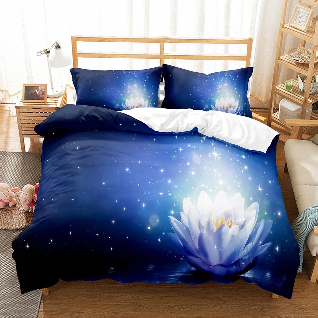 Lotus Flower Duvet Cover Set Lotus Leaf Pattern Polyester Quilt Cover King Full Size For Kids Teens Bedding Set With Pillowcase