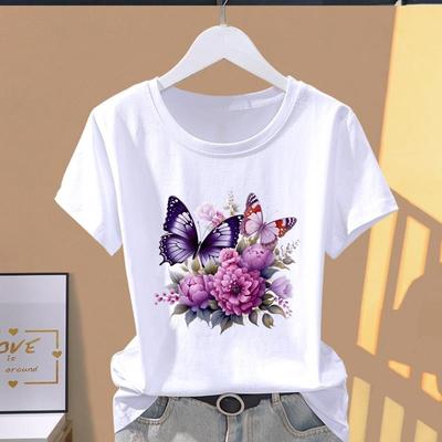 (Taille asiatique) T-shirts à Manches Courtes T Papillon Fleur Mignon Années 90 Vêtements Adorables Décontracté Mode Imprimé Féminin Décontracté Haut pour Femme T-shirt Graphique