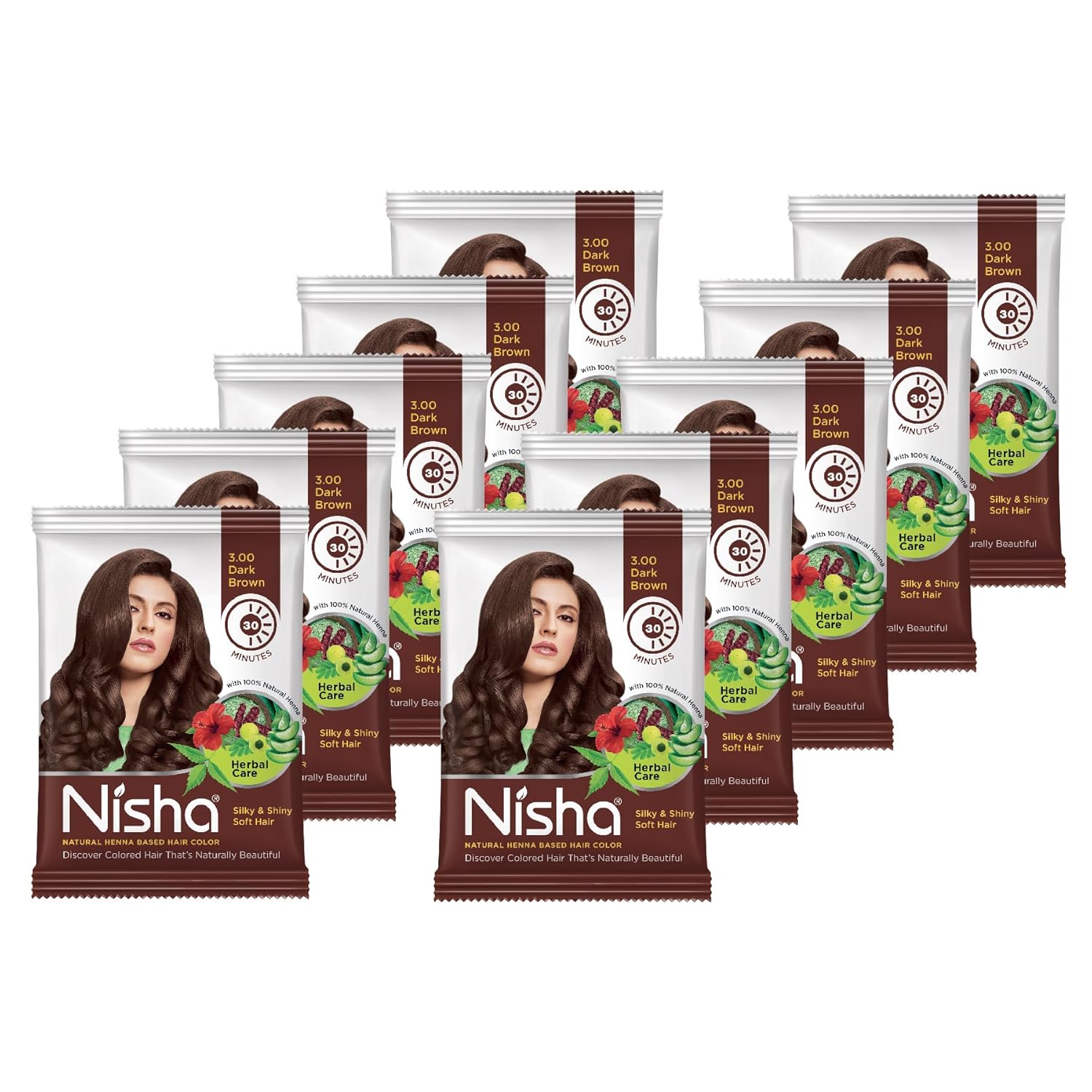 

Nisha Hair Colour for Women Brown 4.0 10g X Pack of 10 Long-Lasting Herbal Ammonia-Free Henna Powder