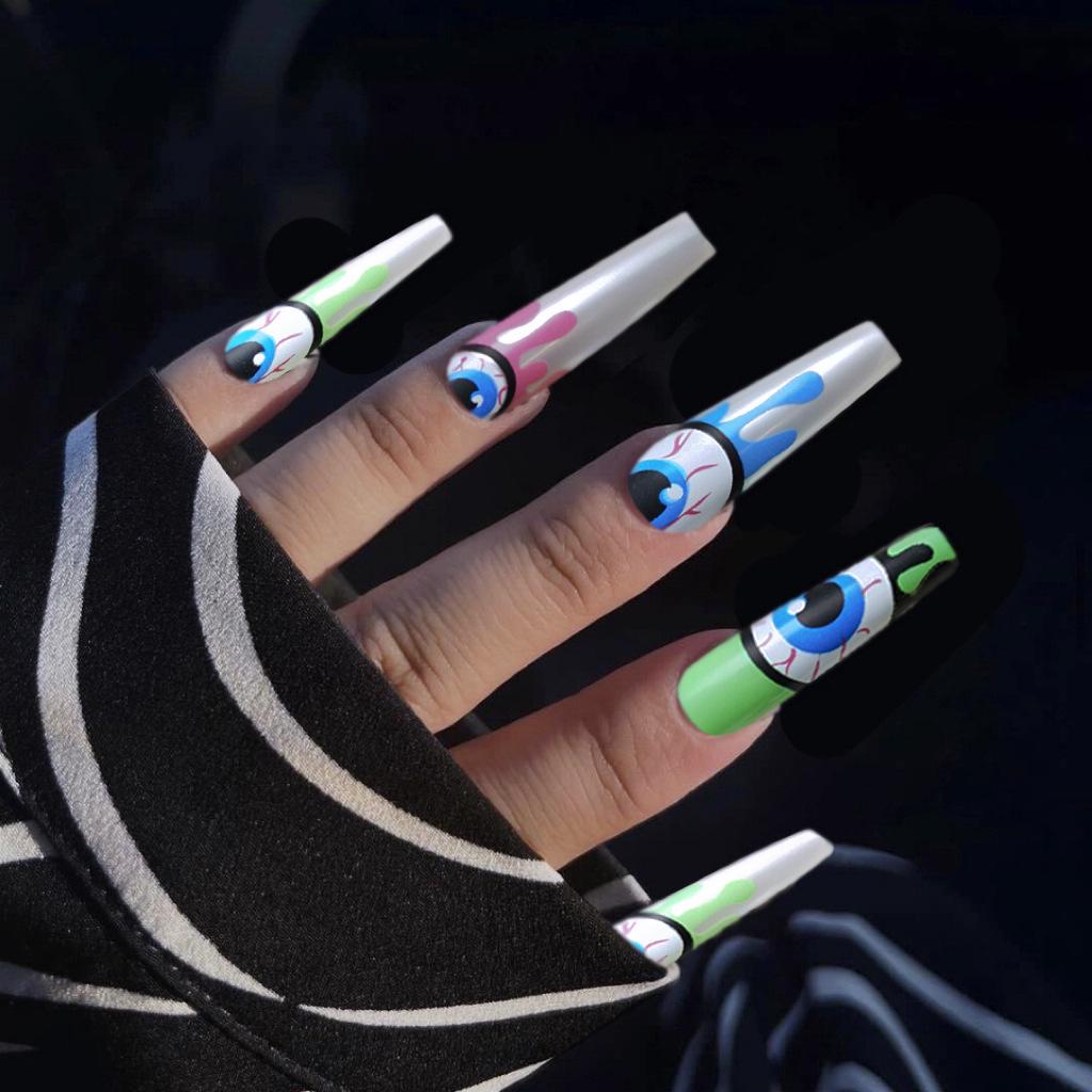 

Demon Eye Halloween Nail Art Stickers: 24-Piece Wearable Nail Tips Set Glue Type