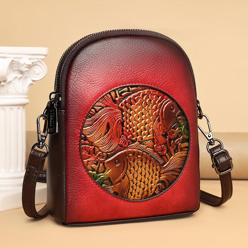 Koi Embossed Printing Ethnic Style Large Capacity Lightweight Multi Clip Premium Texture Shoulder Bag - Modern Women Crossbody Bags