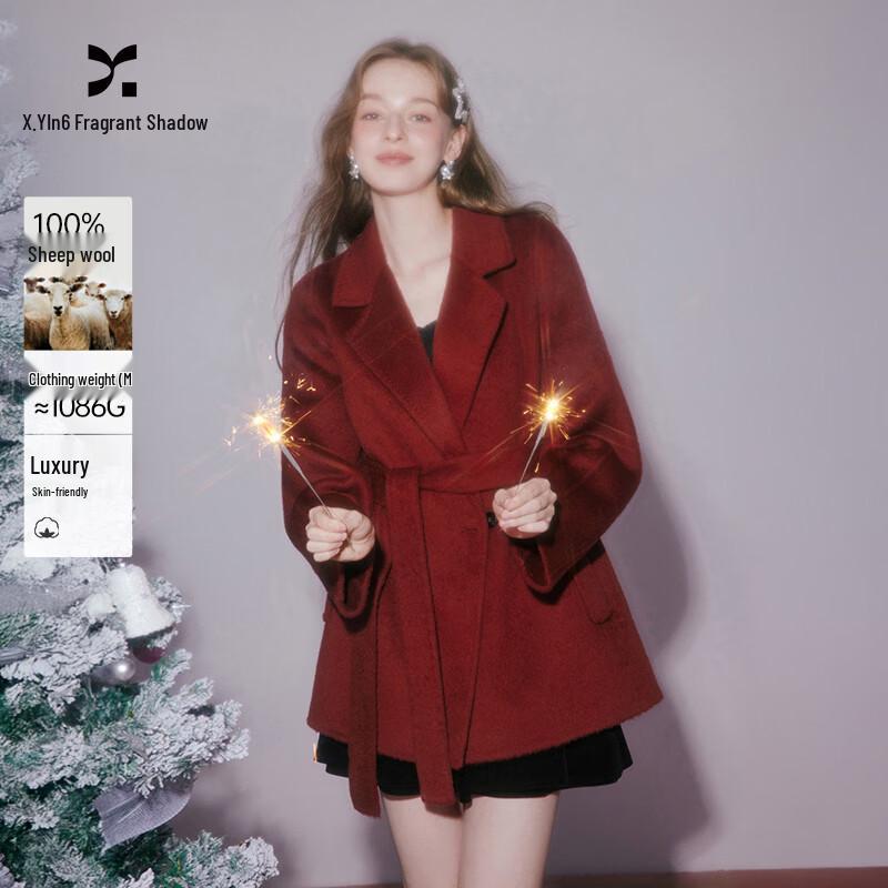 Women s Red Wool Blend Double-sided Belted Coat EU 40