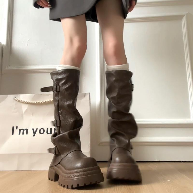 Retro pleated stacked boots women's 2025 new autumn and winter thick heel thick-soled tall boots small height-increasing knight boots