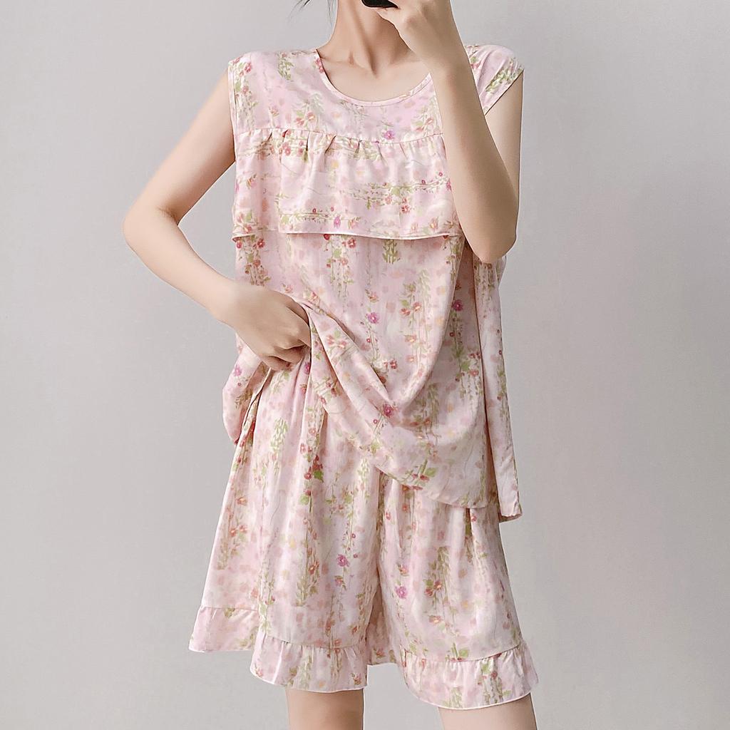 Anti-bumping Pajamas Women's Summer Vest Shorts Set Cotton and Silk Loungewear Can Be Worn Outside Loose Large Size Sweet and Cute