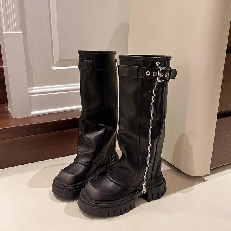 Platform Women Western Cowgirl Boots Fashion Slip on Belt Buckle Long Boots Autumn Winter Women's Biker Booties