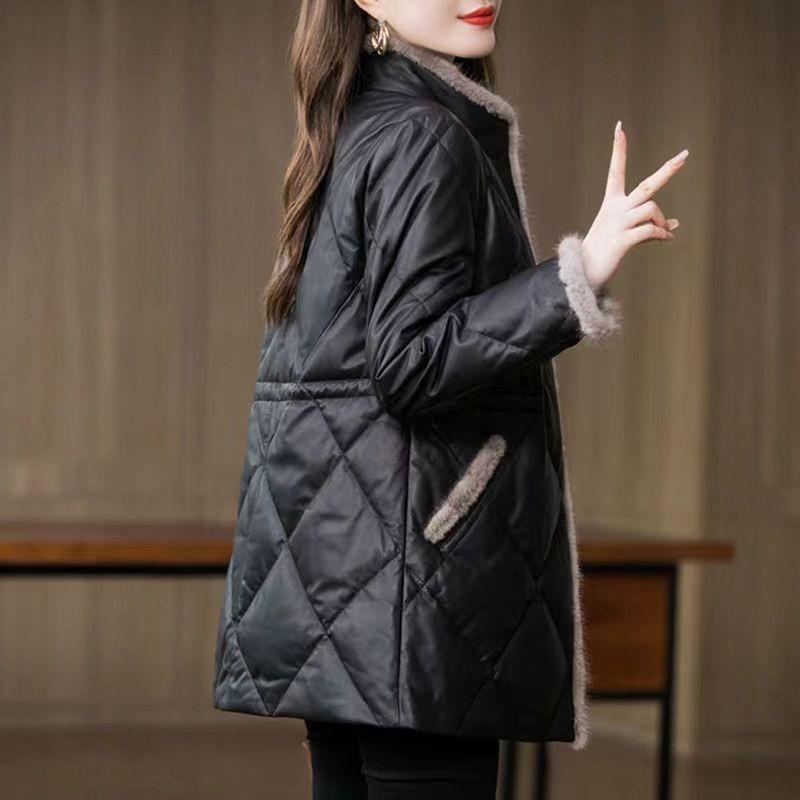 Women Winter Medium Long Stitching Leather Coat Stand-up Imitation Mink Fur Collar Cotton-Padded Jacket Temperament Warm Overcoat