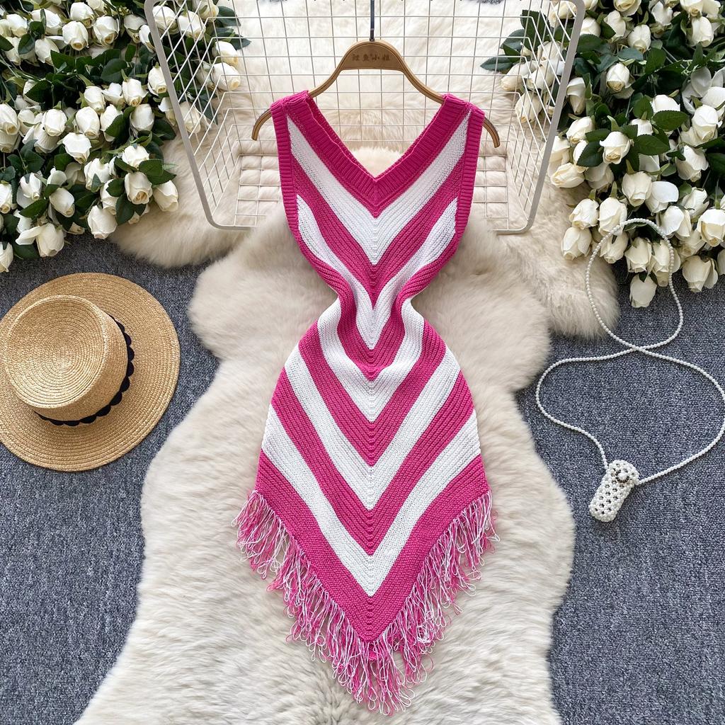 Summer Women Casual V-neck Sleeveless Knitted Tassel Striped Sweater Slim Bodycon Mini Short Sheath Dresses