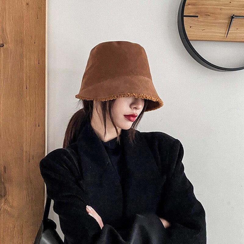 Double-sided Suede Lamb Wool Plush Warm Basin Hat Female Winter Solid Colr Balck Bucket Hat Women