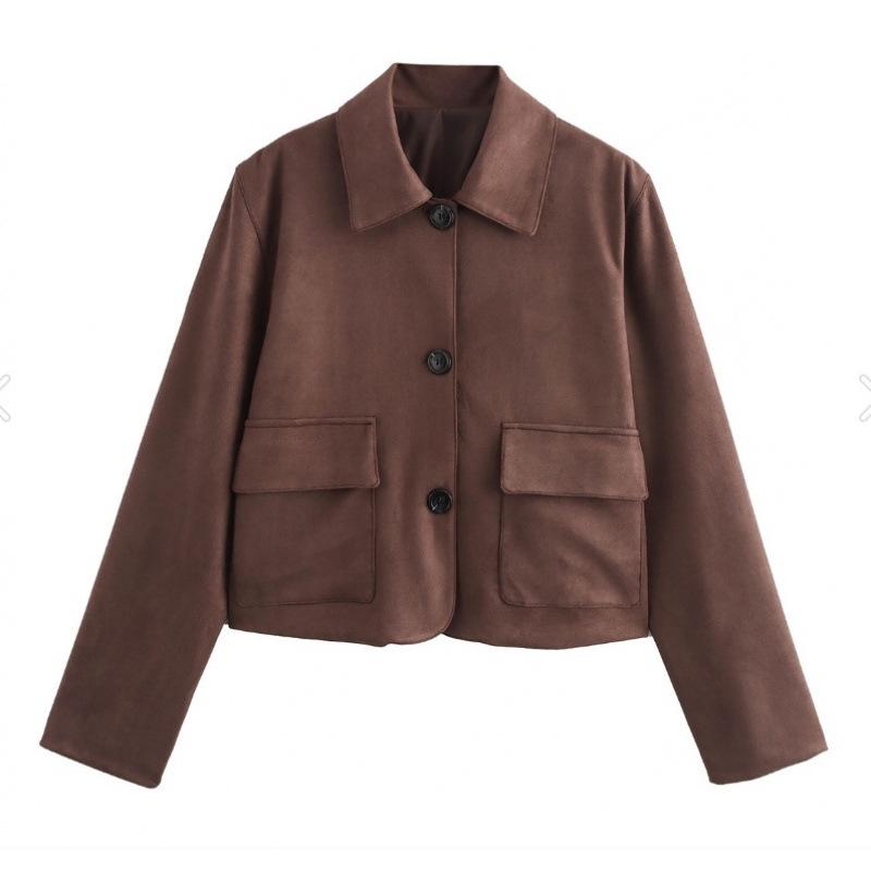 

European & American Women s Fashionable Suede Short Jacket - Versatile Old Money Style Large коричневий