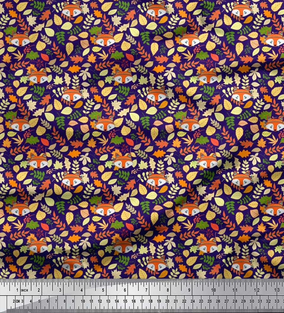 Soimoi Japan Crepe Satin Fabric Leaves & Fox Face Cartoon Printed Craft Fabric by the Metre 42 Inch
