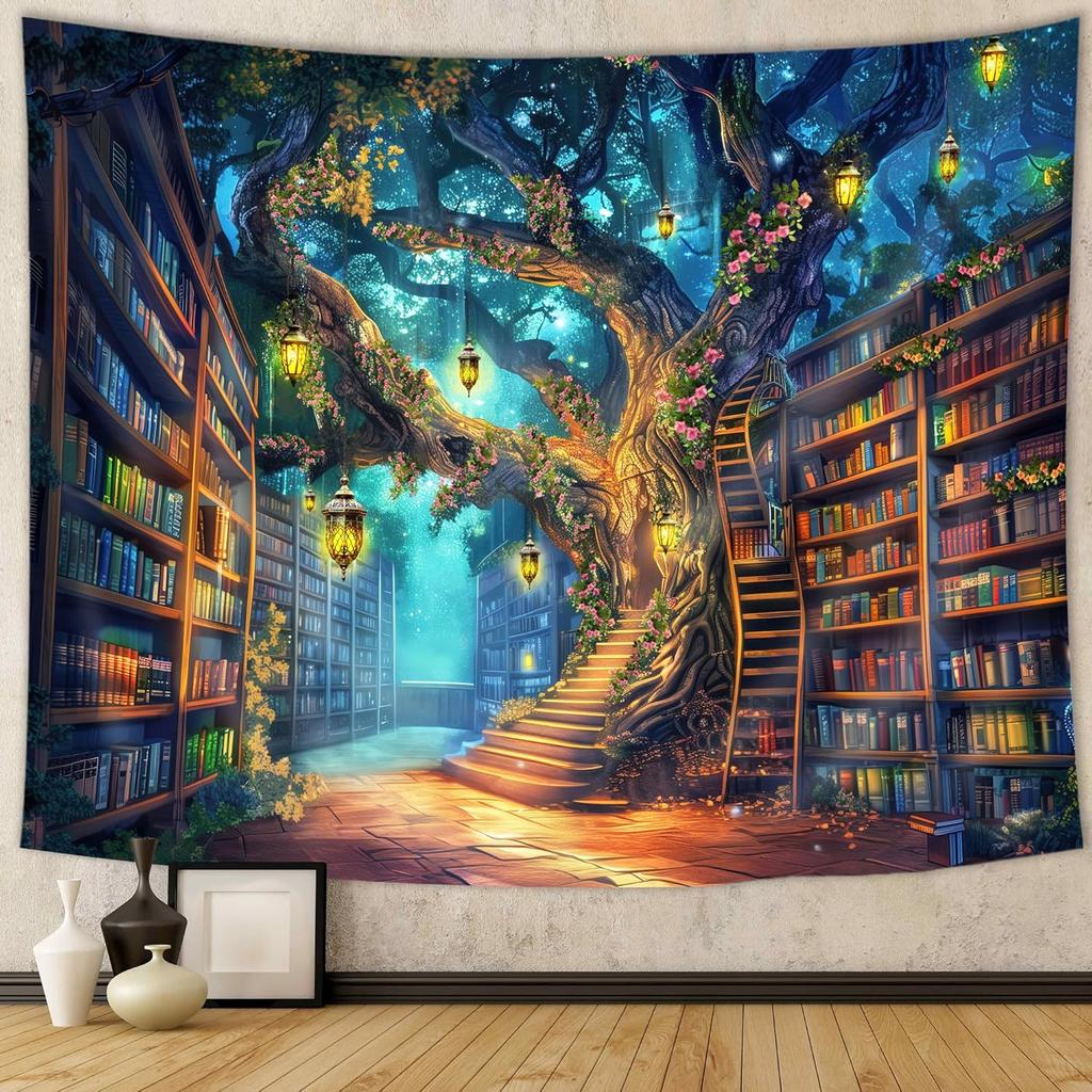 Fantasy Knihovna Látková Závěsná Gobelínová Pohádkový Strom Kouzelná Knihovna Tajemný Strom Kouzelná Kniha Čarodějnická Vintage Estetika