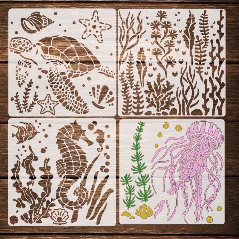 Set of 4 Large Ocean Templates: Jellyfish, Seahorse, Turtle