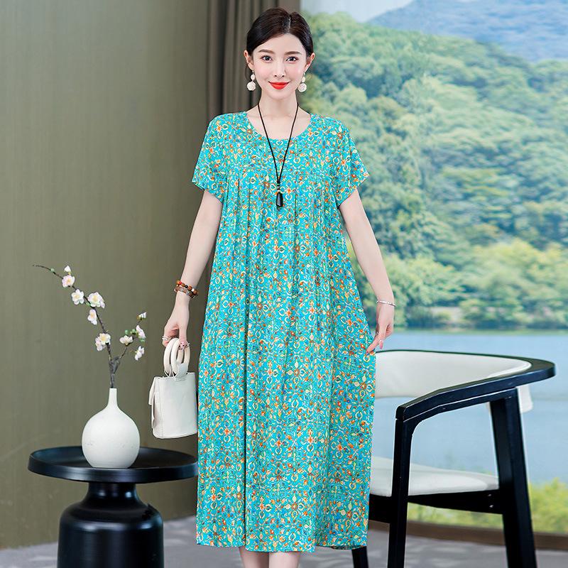 Plus Size Korean Style Summer Floral Cotton Silk Dress - Slimming Design for 240 Jin