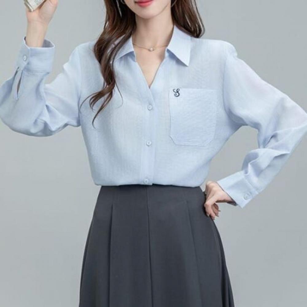 NaVaVa V Neck Collar Long sleeVe Shirt Pocket Embroidery Nb2918