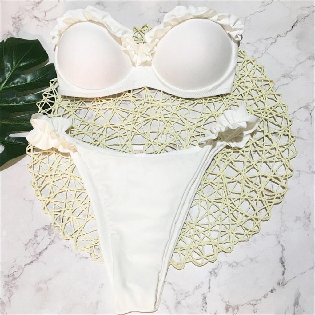 Bandeau Bikini Push Up Swimsuit Female Swimwear Women Bikini Set High Leg Cut Bather Ruffled Bathing Suit