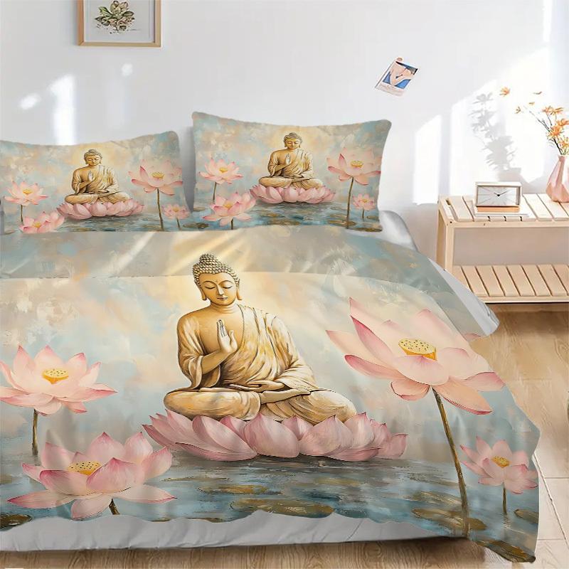 3pcs bedding set Buddha Lotus Includes 1 Comforter + 2 Pillowcases, Without Pillow Inserts, Soft Comfortable, Lightweight Breathable, Printe