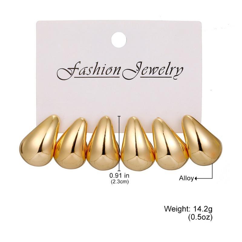 6pcs Chunky Gold Plated Waterdrop Hoop Earring Set for Women European and American Minimalist Smooth Circle Drop Earring Jewelry