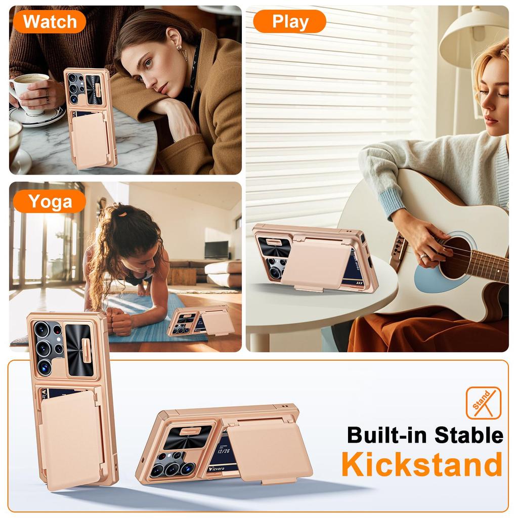 With Card Holder Sliding Camera Cover And Stand For Samsung Galaxy S25 Ultra Phone Case, Anti-Fall PC+TPU Wallet Case-Champagne