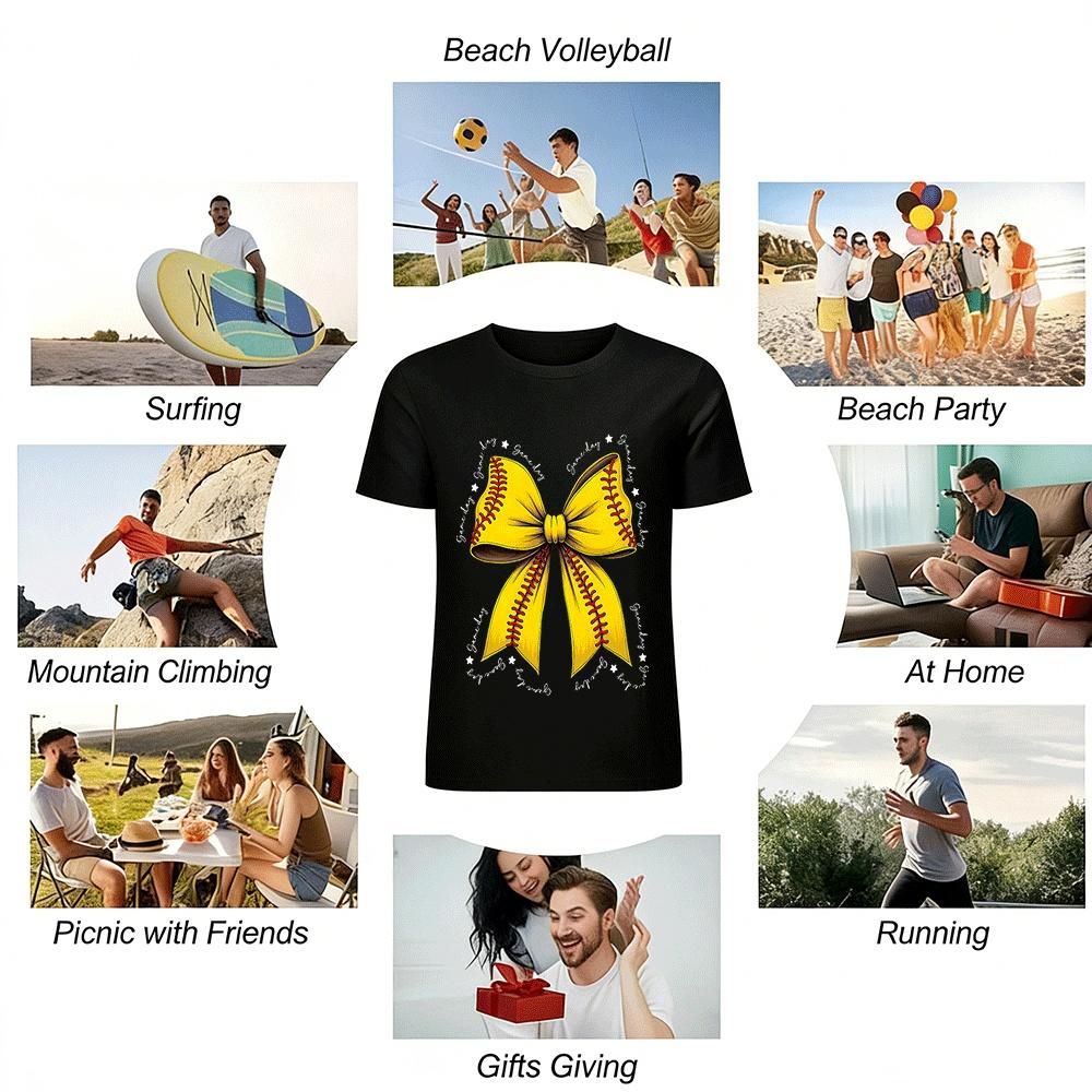 Softball Bow Print Top Game Day Baseball Themed Casual Tee Pure Cotton T-shirt