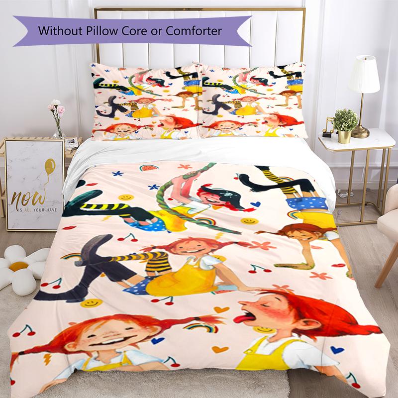 3pcs Pippi Longstocking Pattern Bedding Set Duvet Cover Set Includes Duvet Cover &pillowcases, Perfect All Season Bedroom Decoration & Gift