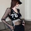 Women Mesh Transparent T-shirts Black Sexy Girls Y2K Tees Long Sleeve Deep V Fashion Lady Club Party Wear