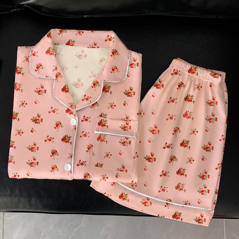 Sweet Girl Pink Small Floral Pajamas Women'S Summer Ice Silk High-Value Short-Sleeved Silk Loungewear Suit