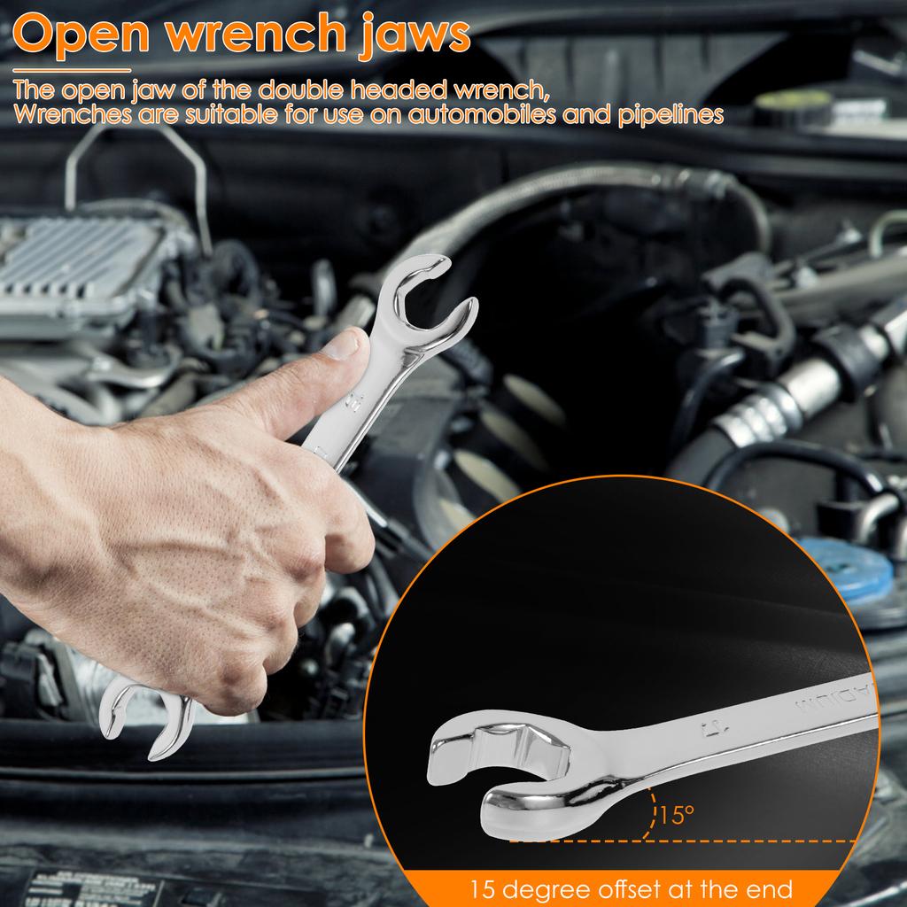 3Pcs Metric Flare Nut Spanner Set Double End Open Ring Spanner Chrome Vanadium Steel Brake Line Wrench for Mechanics Auto Repair