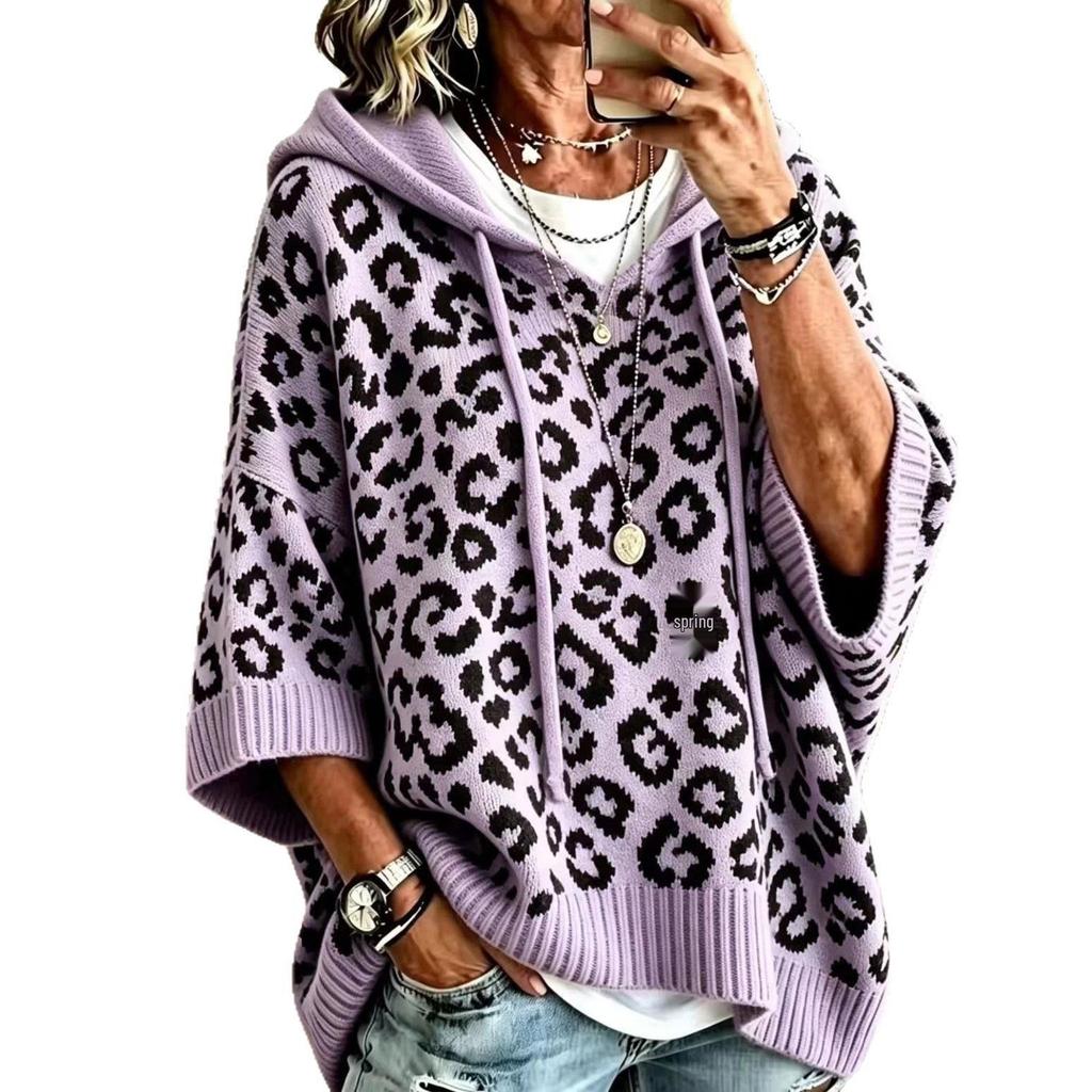 Shengmiao Women's Leopard Print Knit Hoodie Sweater with Drawstring