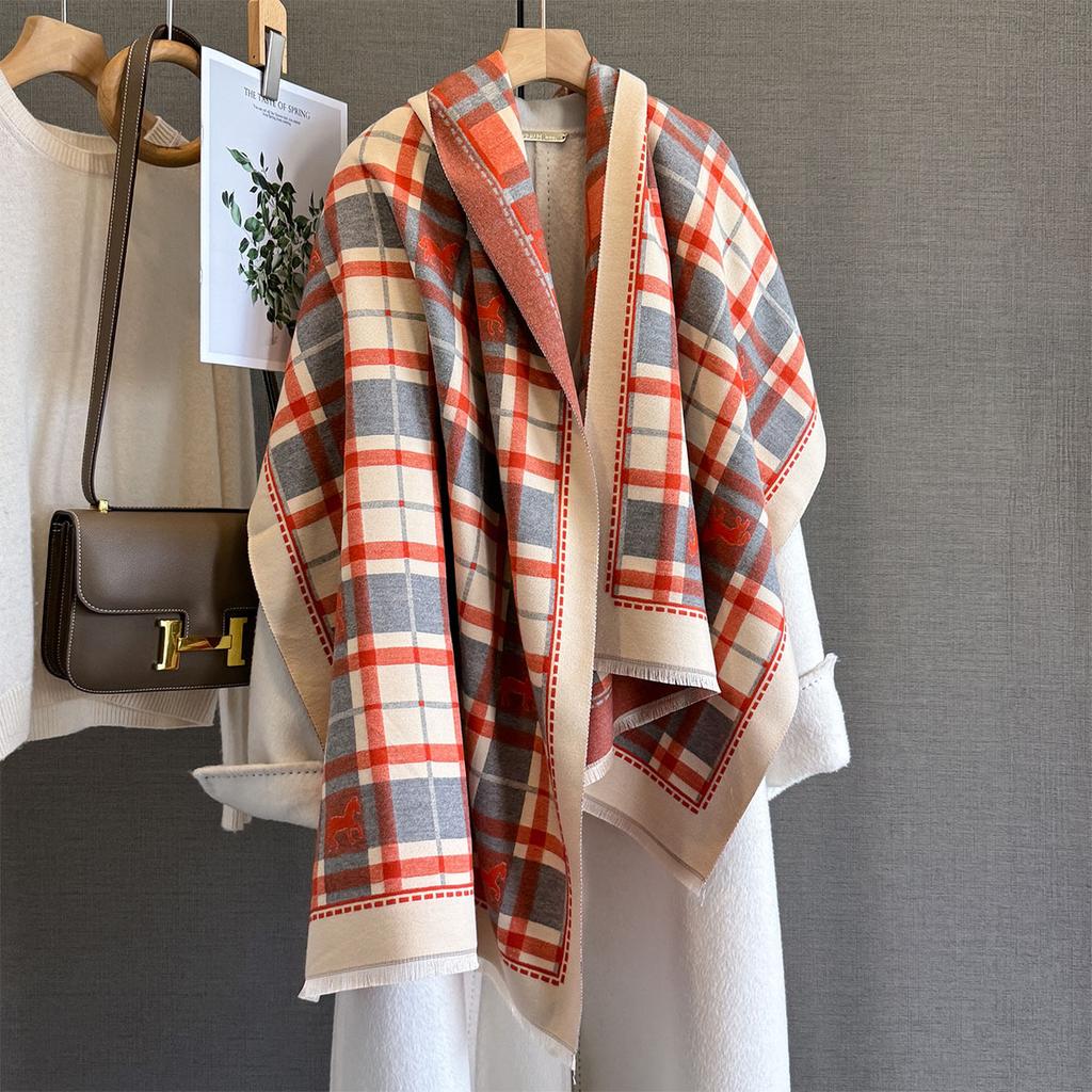 Autumn and winter pony light luxury fashion plaid shawl women's versatile warm windproof thickened medium and long jacquard scarf