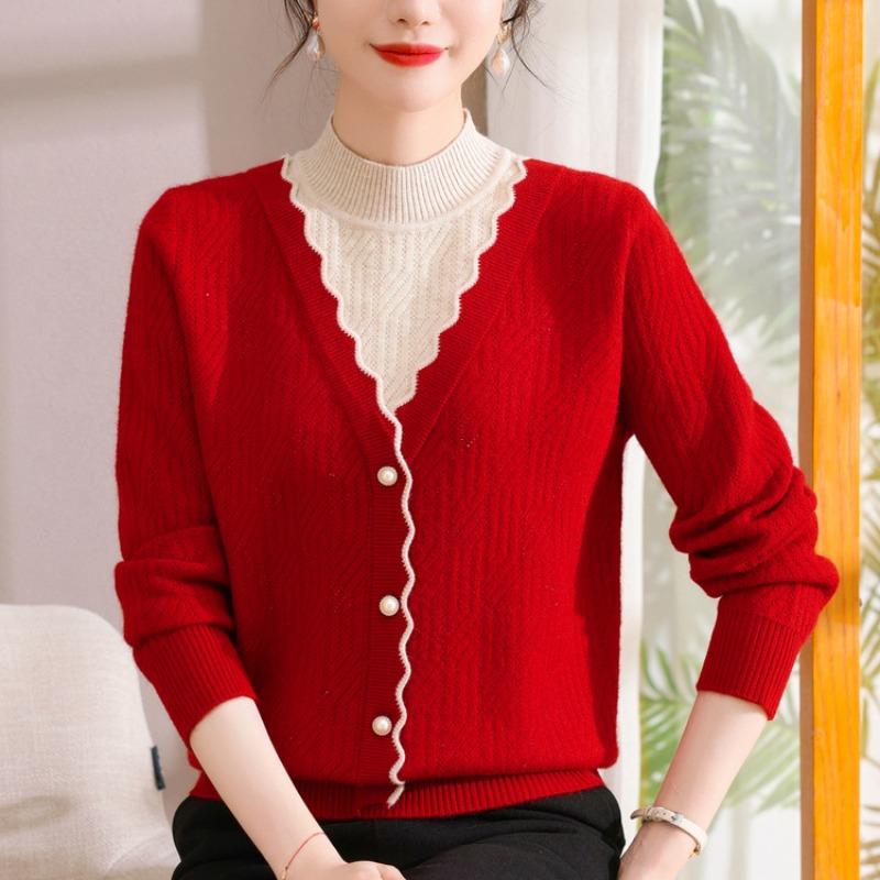 Autumn and winter new light mother thickened sweater retro style women's wool sweater middle-aged mother-in-law wedding banquet red top