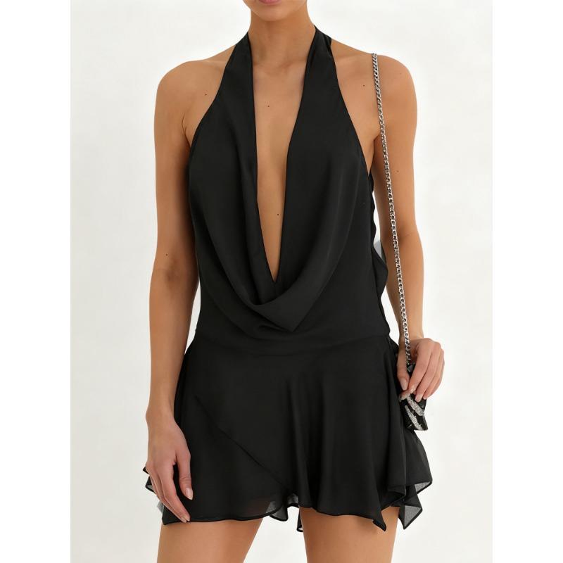 New Sexy Halter Neck Summer Short Dresses Fashion Women Solid Sleeveless Low Chest Loose Halter V-Neck Mini Dress Casual Slim Streetwear Female Dress S
