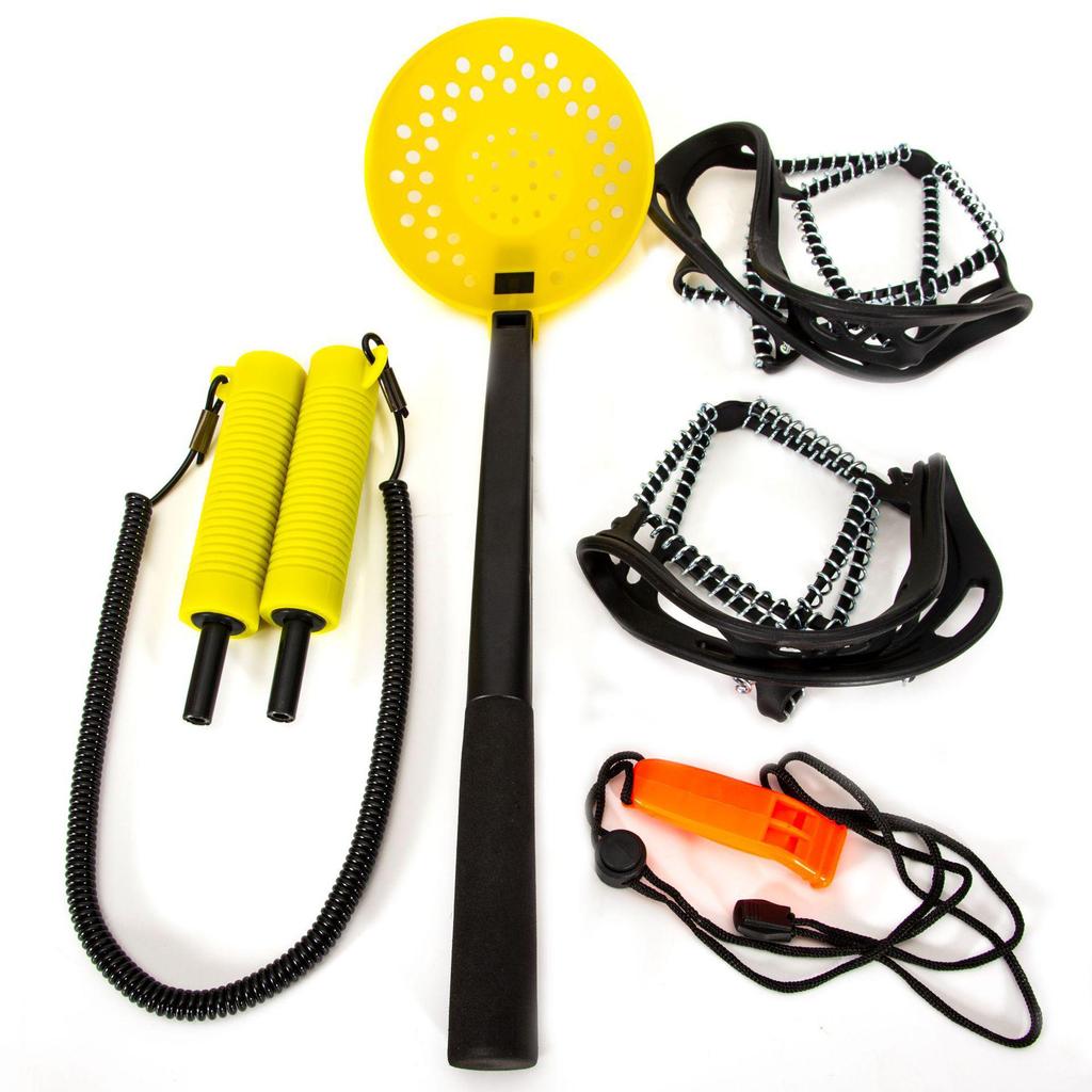 Winter Ice Fishing Rescue Kit: Telescopic Ice Axe, High-Strength Scoop, Crampons, Shoe Covers & Whistle Combo.