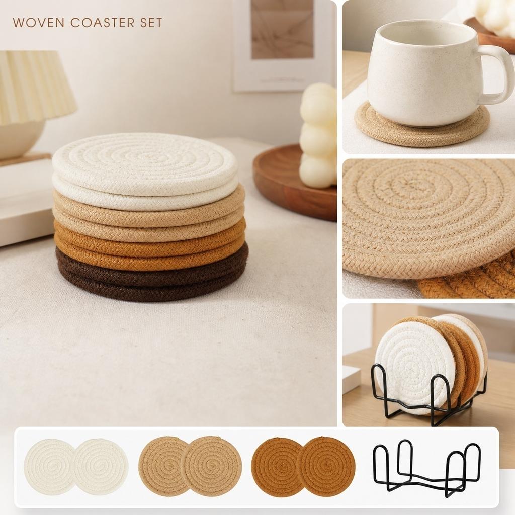 8 Piece Braided Cotton Coaster Set for Home Office Tabletop Protection Absorbent Round Coasters for Drinks Mugs Cups