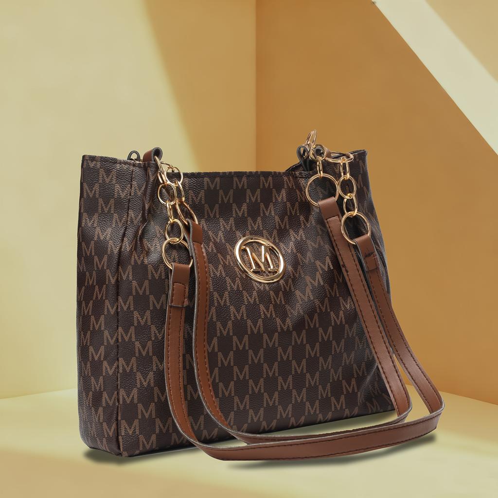 Women's PU Vintage Character 'M' Print Handbag & Crossbody Bag with M Hardware - Large Capacity Tote, Zipper Closure, Machine Washable Retro Purse