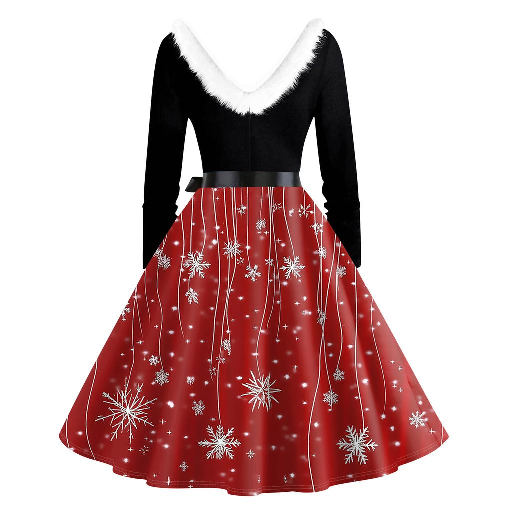 Women's Fashion V-Neck Casual Slim Christmas Printed Long Sleeve Hair Collar Dresses