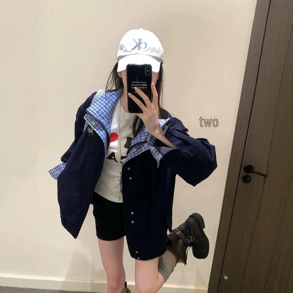 Women's Retro Plaid Patchwork Color Block Jacket - Trendy Loose Fit for Spring/Autumn