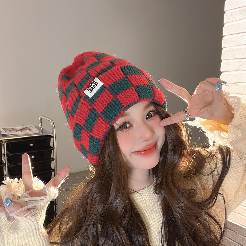 Checkerboard Plaid Knitted Hat for Women In Autumn and Winter Korean Style Niche Big Head Wool Hat Japanese Face Showing Small Christmas Hat