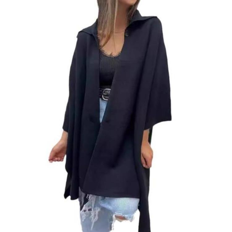 

Women Cape Jacket Cardigan Fall Spring Coat Dolman Sleeve Turn down Collar Loose Open Stitch Irregular Hem Solid Color Dating Commuting Poncho XXXL чорний