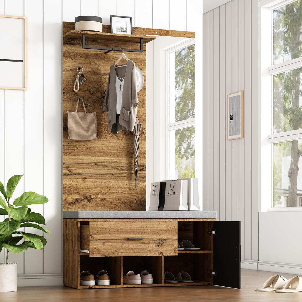 Flurgarderoben Set, Garderoben-Set Spiegel, Stylishe Schuhbank, Schuhschrank, Schublade, Regal, Kleiderhaken, Wandgarderobe Holzfarbe & Schwarz