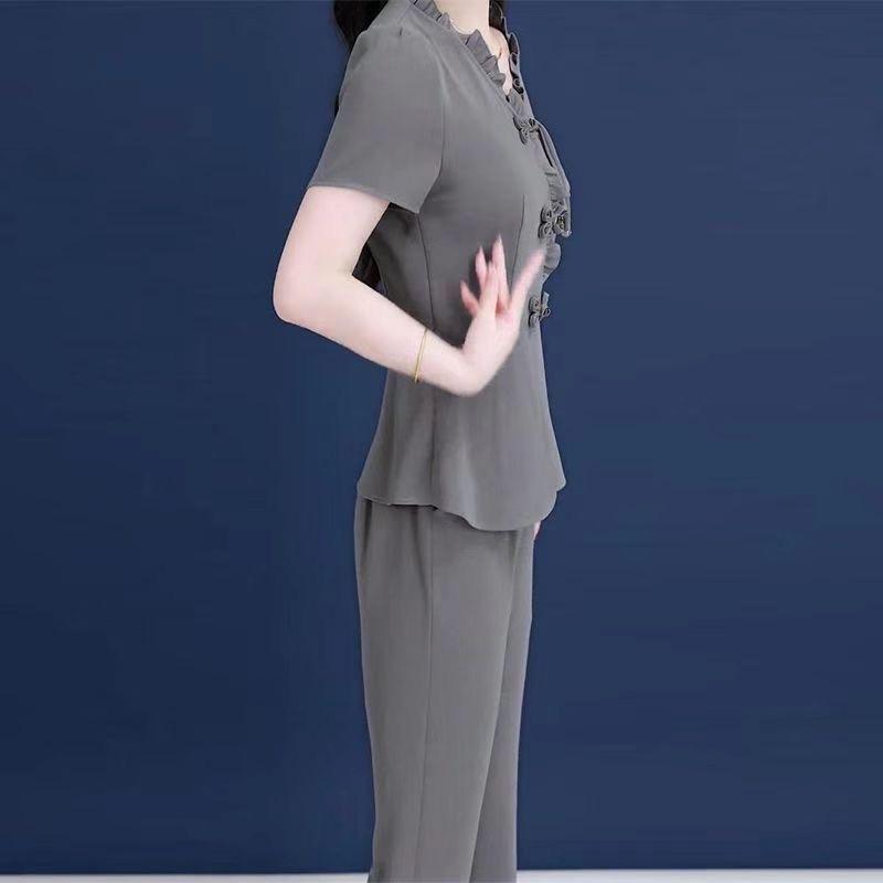 Luxury-lite Solid-color Set - Women's Summer Elegant Style Short-sleeved Shirt and Casual Pants Two-piece Set for Women