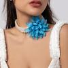 Vintage Imitation Pearl Floral Beaded Necklace, Handmade Chiffon Large Flower Collarbone Chain Collar