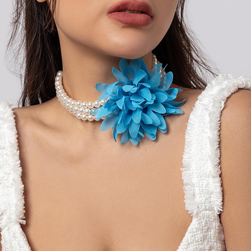 Vintage Imitation Pearl Floral Beaded Necklace, Handmade Chiffon Large Flower Collarbone Chain Collar