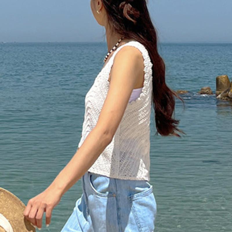 2026 New Korean Style Sweet Temperament Crochet Camisole Summer Vintage Solid Color Sleeveless Top Versatile Casual Vest for Women