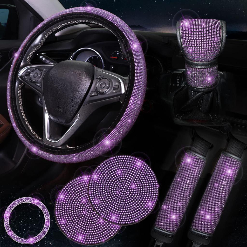 7Pcs/Set Shiny Rhinestones Car Steering Wheel Safety Belt Shifter Cover Cup Mat Start Button Ring Kit
