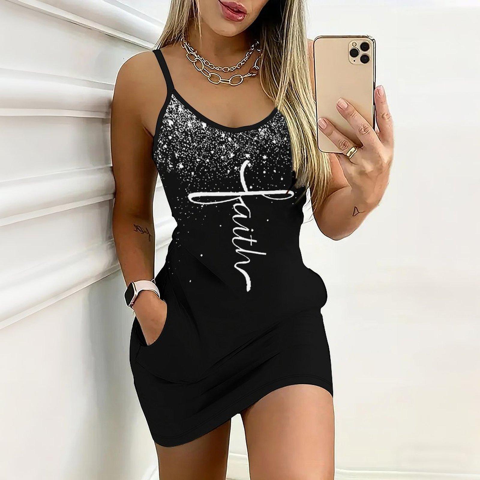 

Summer New Lines and Letters Pattern Print Sleeveless Bodycon Dress with Pockets Sexy Slim Fit Elegant Party Dress S чёрный