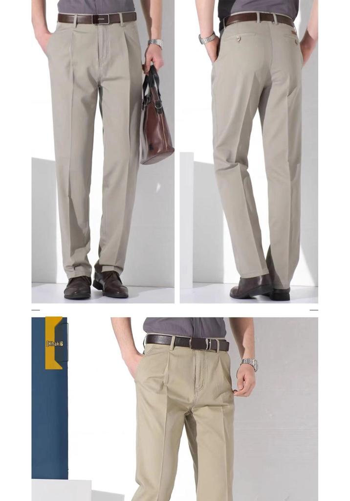 Men's Pure Cotton Double-Pleat Casual Pants - High Waist, Wide Leg, Non-Iron, Summer-Weight for Middle-Aged and Elderly.