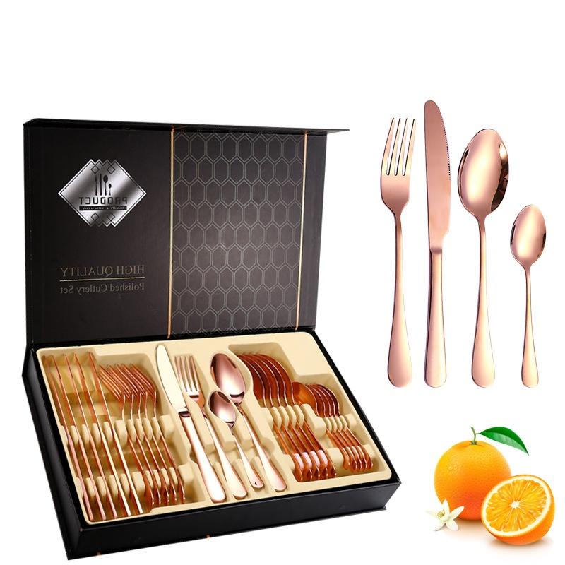 24Pcs Gold Cutlery Specular Light Stainless Steel Steak Knife Fork Spoon Teaspoon Upscale Restaurant Cutlery Set With Gift Box
