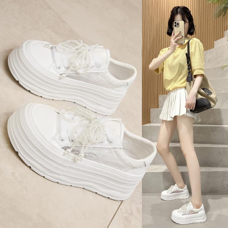 

Lace mesh bow lace-up little white shoes women s 2025 new platform pearl string fashionable versatile casual board shoes 40 бежевый